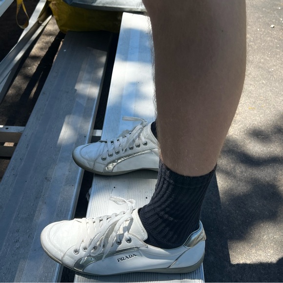 PRADA MEN SILVER FOIL METALLIC SHOES LEATHER SNEAKER SPORT 11 RUNNER WHITE ITALY - Picture 15 of 16